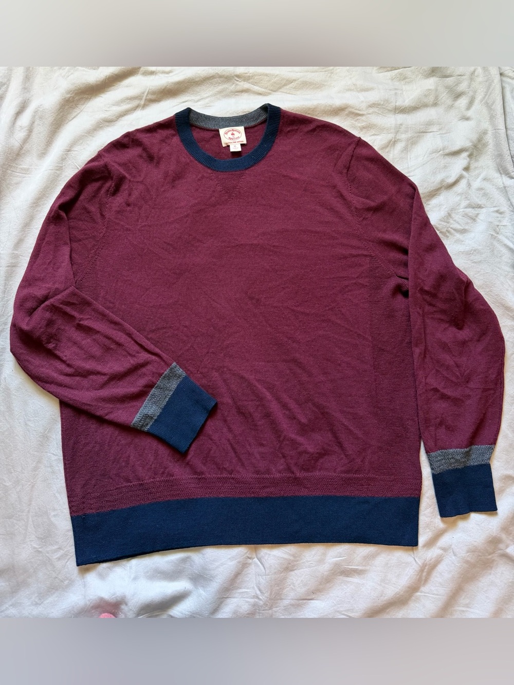 Brooks Brothers Burgundy Merino Wool Crewneck Sweater Navy Trim XL Old Money Ivy
